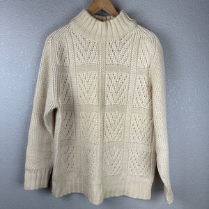 Vintage Sicem Italy Chunky Knit Mock Neck Fisherman Sweater Size M Ivory Wool